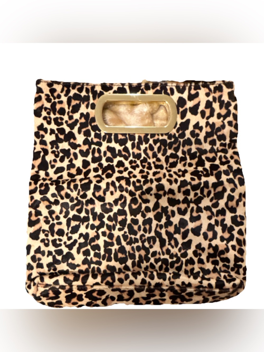 Leopard Print Faux Fur Cutout Handle Clutch - Beige & Black